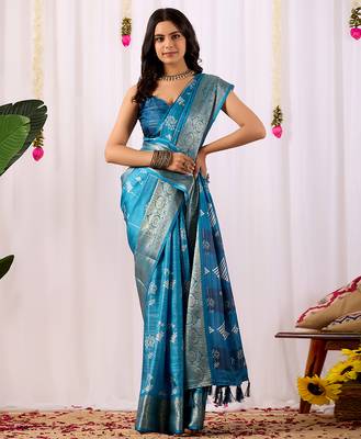 Turquoise lichi silk zari woven saree with rich traditional motifs & designer contrast blouse | festival & wedding wear 2