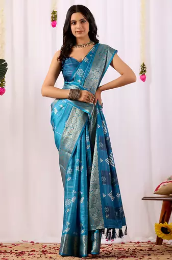 Turquoise lichi silk zari woven saree with rich traditional motifs & designer contrast blouse | festival & wedding wear