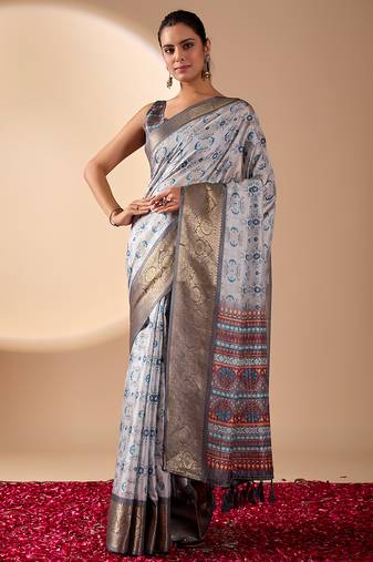Silver grey lichi silk saree with abstract floral prints & zari woven border | designer festive & party wear