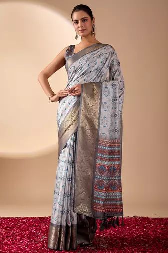 Silver grey lichi silk saree with abstract floral prints & zari woven border | designer festive & party wear