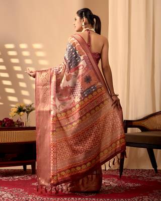 Peach lichi silk digital print saree with designer border & matching blouse – printed saree collection 4
