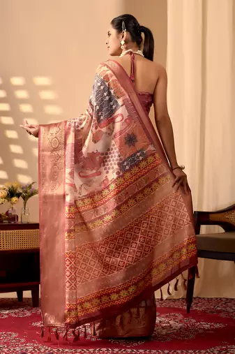 Peach lichi silk digital print saree with designer border & matching blouse – printed saree collection