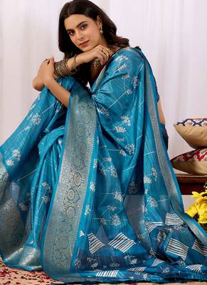 Turquoise lichi silk zari woven saree with rich traditional motifs & designer contrast blouse | festival & wedding wear 3