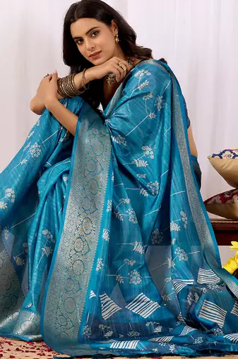 Turquoise lichi silk zari woven saree with rich traditional motifs & designer contrast blouse | festival & wedding wear