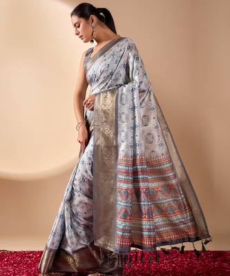 Silver grey lichi silk saree with abstract floral prints & zari woven border | designer festive & party wear 2