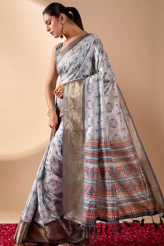 Silver grey lichi silk saree with abstract floral prints & zari woven border | designer festive & party wear