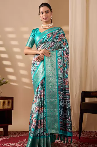 Turquoise green lichi silk saree with abstract & floral digital print and rich zari woven border with designer blouse
