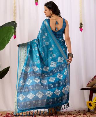 Turquoise lichi silk zari woven saree with rich traditional motifs & designer contrast blouse | festival & wedding wear 4