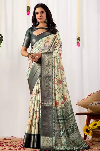 Off-white soft lichi silk saree with digital floral print & intricate zari woven border | designer contrast blouse