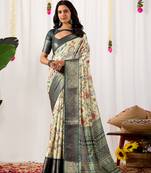 Off-white soft lichi silk saree with digital floral print & intricate zari woven border | designer contrast blouse