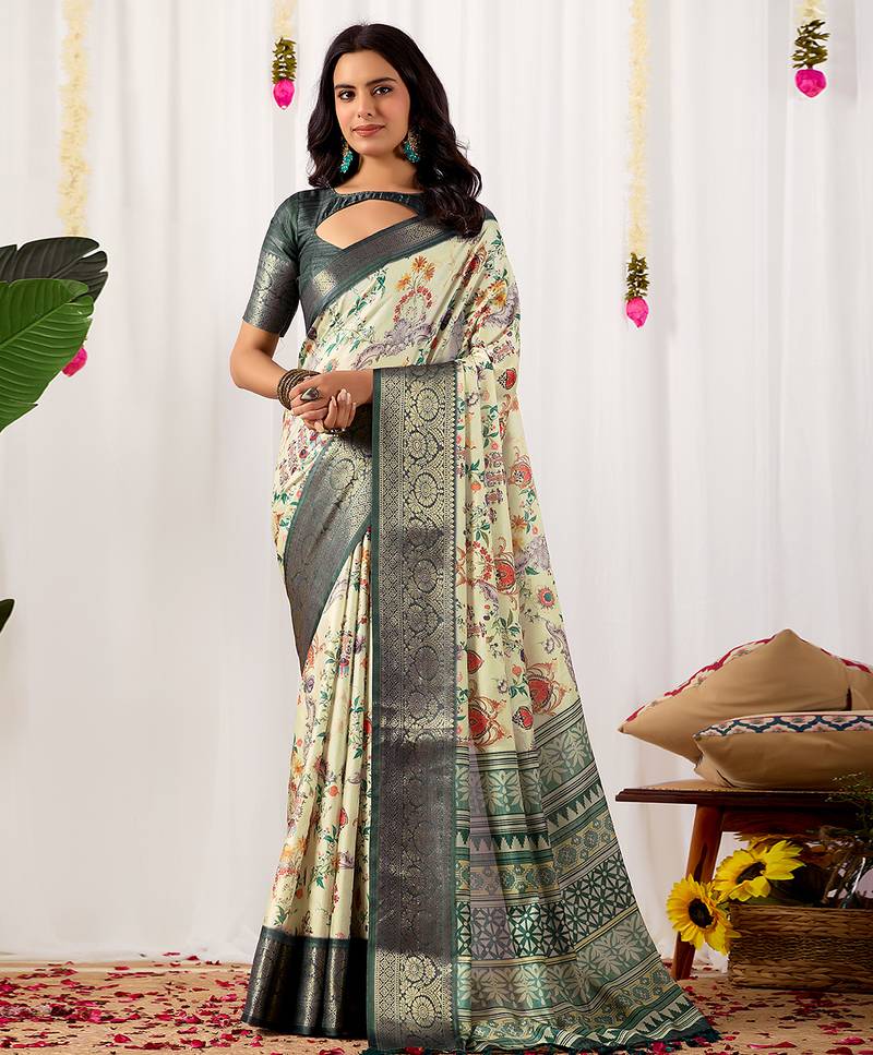 Off-white soft lichi silk saree with digital floral print & intricate zari woven border | designer contrast blouse