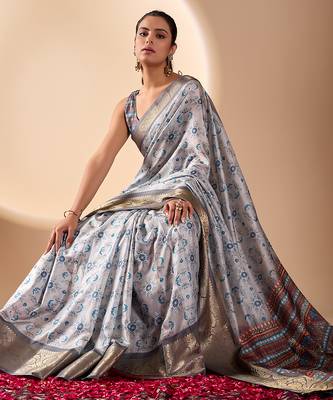 Silver grey lichi silk saree with abstract floral prints & zari woven border | designer festive & party wear 3