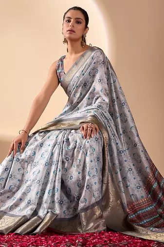 Silver grey lichi silk saree with abstract floral prints & zari woven border | designer festive & party wear