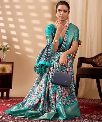 Turquoise green lichi silk saree with abstract & floral digital print and rich zari woven border with designer blouse 3