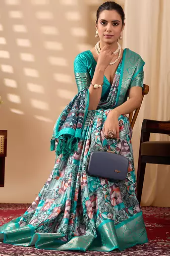 Turquoise green lichi silk saree with abstract & floral digital print and rich zari woven border with designer blouse