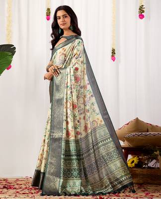 Off-white soft lichi silk saree with digital floral print & intricate zari woven border | designer contrast blouse 2