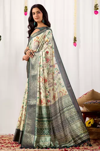 Off-white soft lichi silk saree with digital floral print & intricate zari woven border | designer contrast blouse