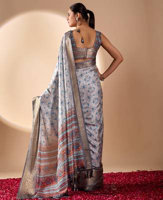 Silver grey lichi silk saree with abstract floral prints & zari woven border | designer festive & party wear 4