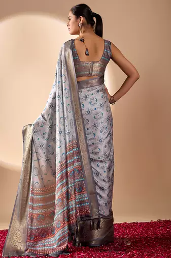 Silver grey lichi silk saree with abstract floral prints & zari woven border | designer festive & party wear