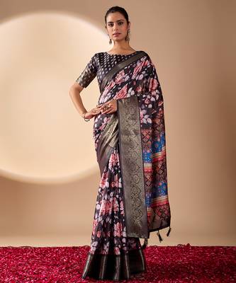 Blue lichi silk floral printed saree with zari woven border & designer blouse – printed sarees collection 1
