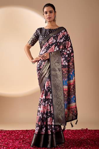 Blue lichi silk floral printed saree with zari woven border & designer blouse – printed sarees collection