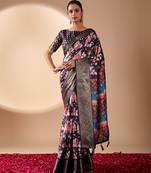 Blue lichi silk floral printed saree with zari woven border & designer blouse – printed sarees collection