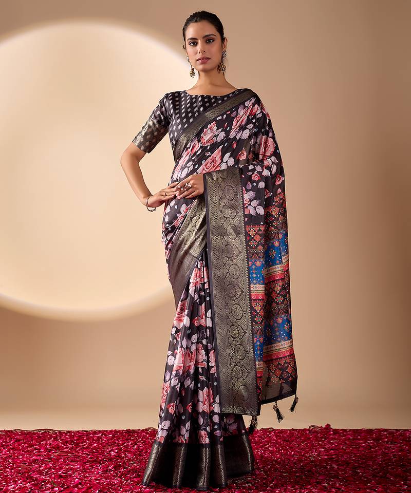 Blue lichi silk floral printed saree with zari woven border & designer blouse – printed sarees collection