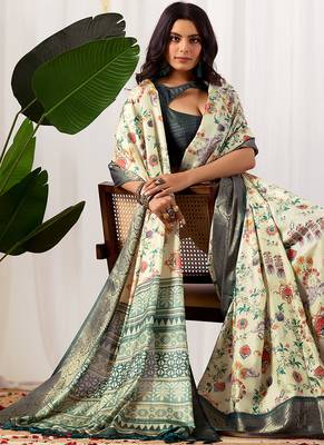 Off-white soft lichi silk saree with digital floral print & intricate zari woven border | designer contrast blouse 3