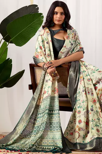 Off-white soft lichi silk saree with digital floral print & intricate zari woven border | designer contrast blouse