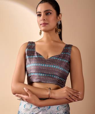 Silver grey lichi silk saree with abstract floral prints & zari woven border | designer festive & party wear 5