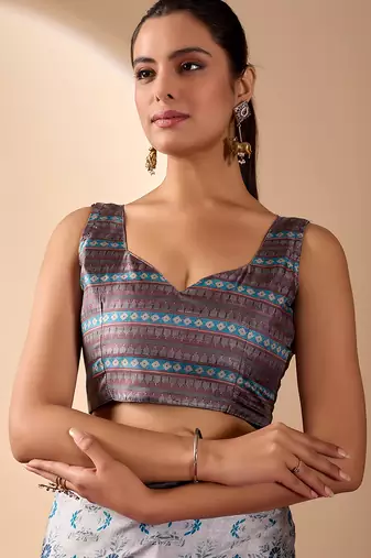 Silver grey lichi silk saree with abstract floral prints & zari woven border | designer festive & party wear