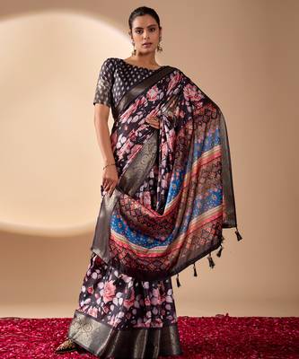 Blue lichi silk floral printed saree with zari woven border & designer blouse – printed sarees collection 2