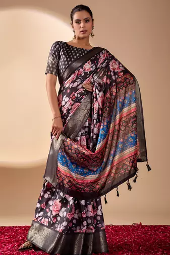 Blue lichi silk floral printed saree with zari woven border & designer blouse – printed sarees collection