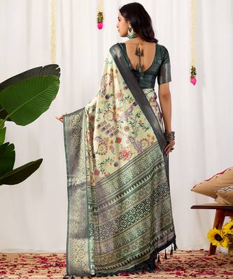 Off-white soft lichi silk saree with digital floral print & intricate zari woven border | designer contrast blouse 4