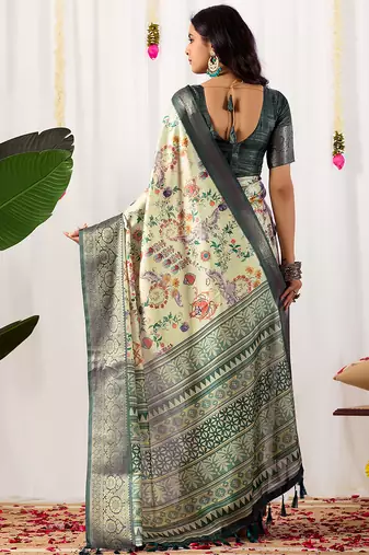 Off-white soft lichi silk saree with digital floral print & intricate zari woven border | designer contrast blouse