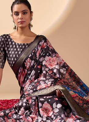 Blue lichi silk floral printed saree with zari woven border & designer blouse – printed sarees collection 3
