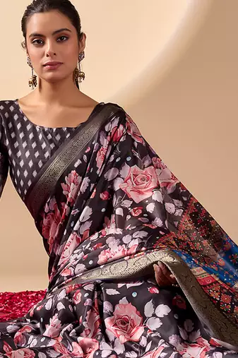 Blue lichi silk floral printed saree with zari woven border & designer blouse – printed sarees collection