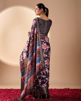 Blue lichi silk floral printed saree with zari woven border & designer blouse – printed sarees collection 4