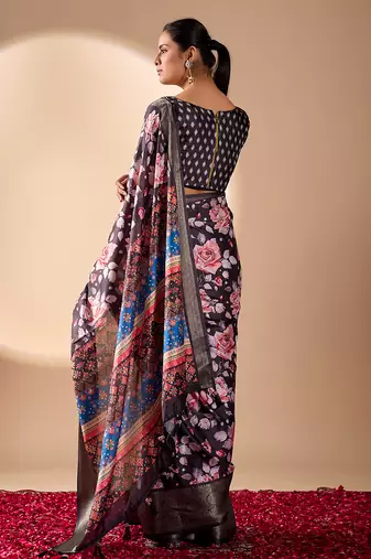 Blue lichi silk floral printed saree with zari woven border & designer blouse – printed sarees collection