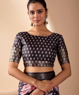 Blue lichi silk floral printed saree with zari woven border & designer blouse – printed sarees collection 5
