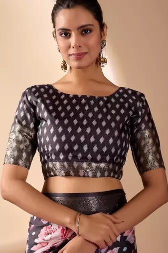 Blue lichi silk floral printed saree with zari woven border & designer blouse – printed sarees collection