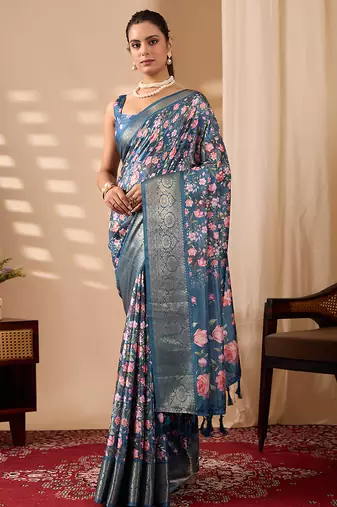 Teal blue lichi silk saree with rose floral prints & rich zari woven border | designer contrast blouse