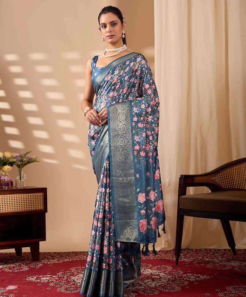 Teal blue lichi silk saree with rose floral prints & rich zari woven border | designer contrast blouse