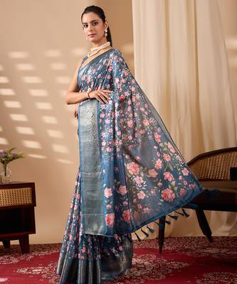 Teal blue lichi silk saree with rose floral prints & rich zari woven border | designer contrast blouse 2