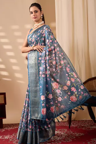Teal blue lichi silk saree with rose floral prints & rich zari woven border | designer contrast blouse
