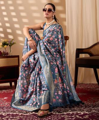 Teal blue lichi silk saree with rose floral prints & rich zari woven border | designer contrast blouse 3