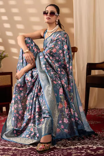 Teal blue lichi silk saree with rose floral prints & rich zari woven border | designer contrast blouse