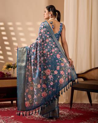Teal blue lichi silk saree with rose floral prints & rich zari woven border | designer contrast blouse 4