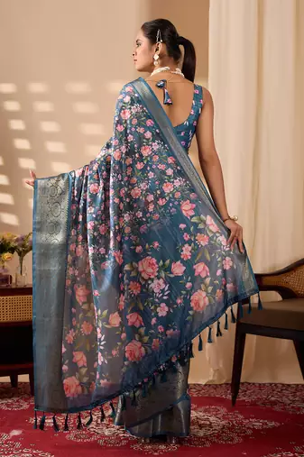 Teal blue lichi silk saree with rose floral prints & rich zari woven border | designer contrast blouse