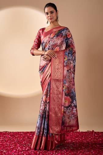 Maroon soft lichi silk floral digital print saree with zari border & designer blouse